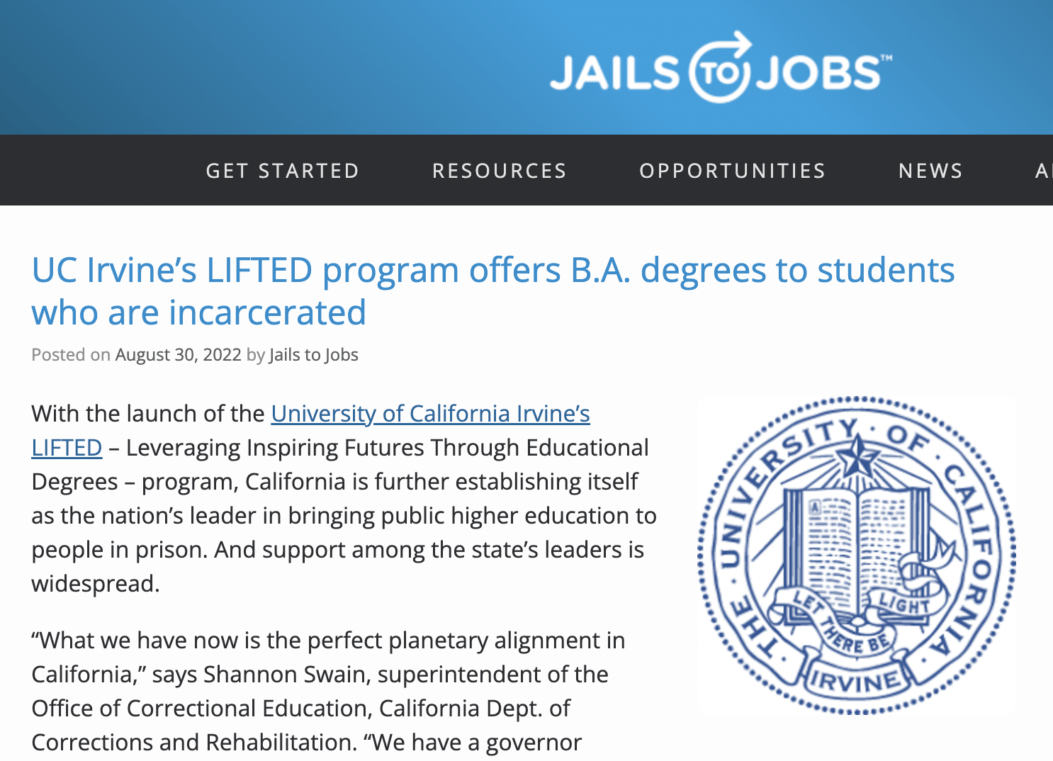 Jails To Jobs Article with partial of UC Irvine Seal