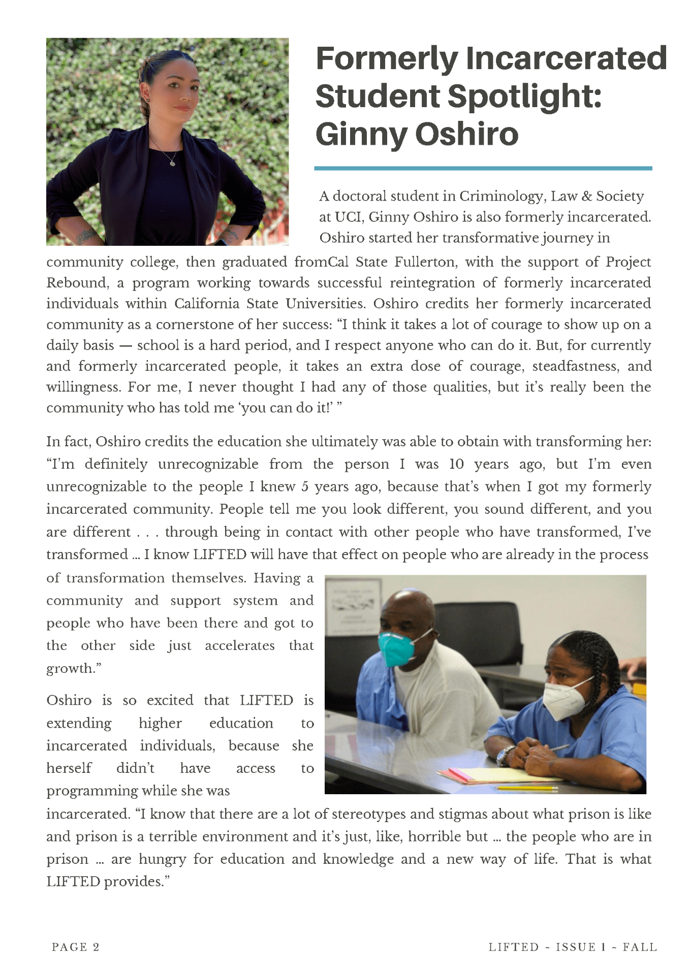 UCI LIFTED Newsletter wit photo of formerly incarcerated student standing with hands on her hips and a photo of incarcerated students sitting at their desk during class.