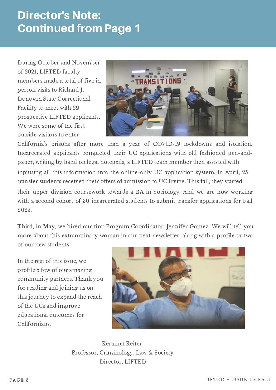 UCI LIFTED Newsletter with photo of class of incarcerated students listening to lecture and phot of incarcerated student engaged in class.