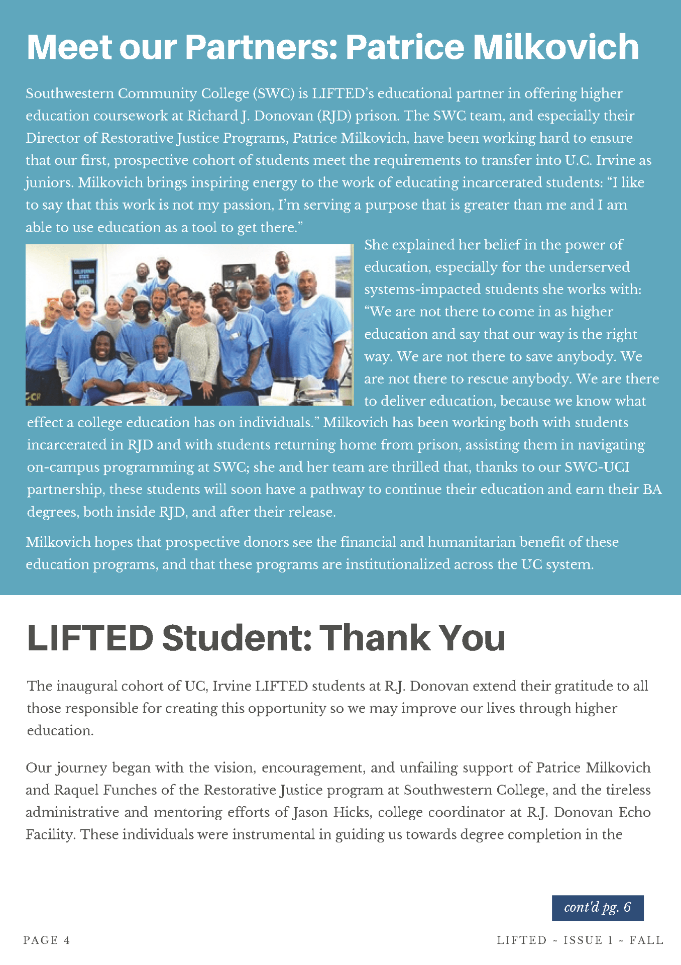 UCI LIFTED Newsletter with photo of incarcerated students standing with director of Southwestern College Restorative Justice Program.