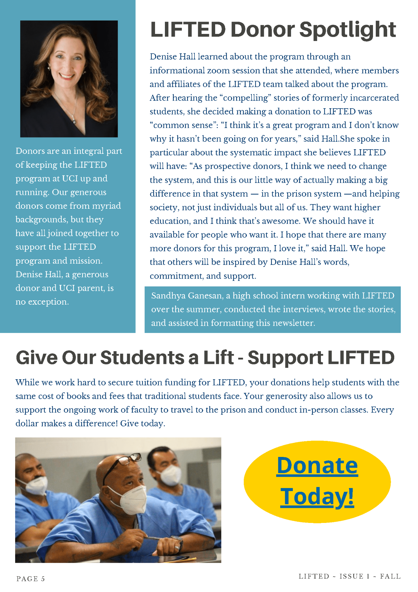 UCI LIFTED Newsletter with photo of donor and photo of three incarcerated male students wearing masks.