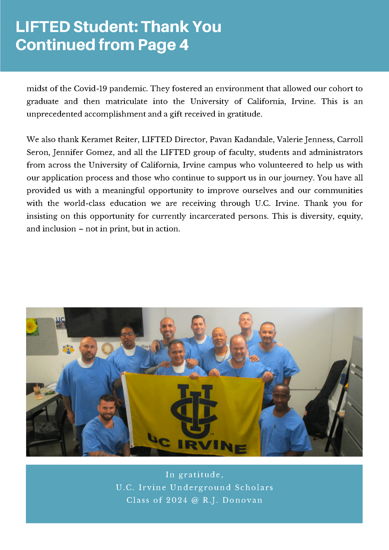UCI LIFTED Newsletter with photo of first group of LIFTED students holding yellow UCI banner.