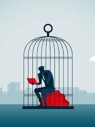 animation of a man in a birdcage sitting on a stack of books reading.