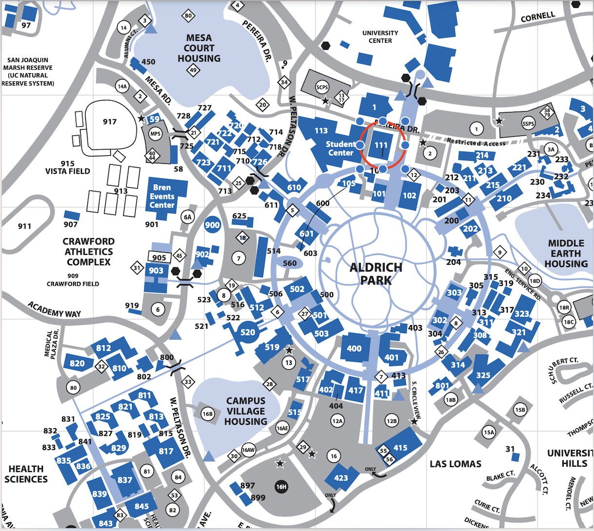 Color map of UCI campus with Aldrich Hall circled in red.